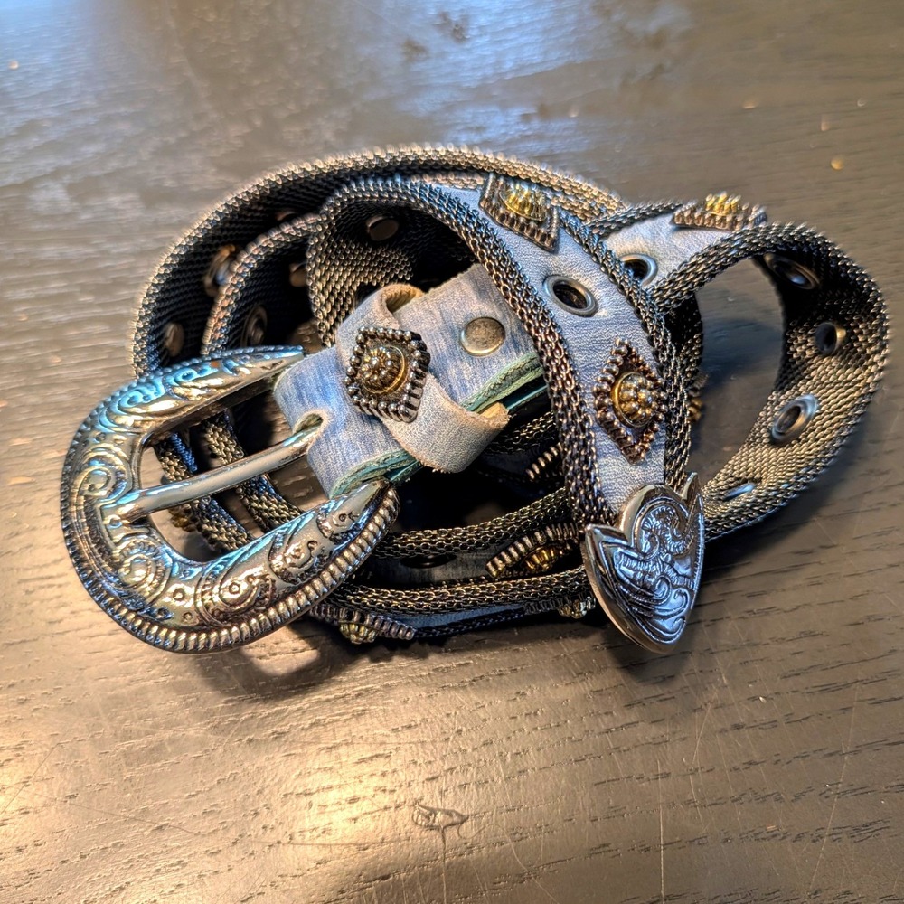 Embellished Black Metallic Women's Fashion Belt with Ornate Silver Buckle